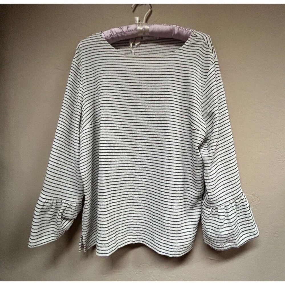 Opus Womens White Black Striped Ruffle Sleeve Crinkle Blouse Top Size 38 Stretch